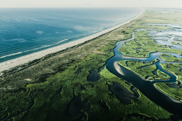 Aerial view of North Carolina barrier island coast and marsh waterways