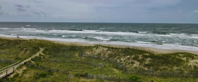 Hatteras Island NC dunes with boardwalk path leading to the Atlantic Ocean under overcast sky